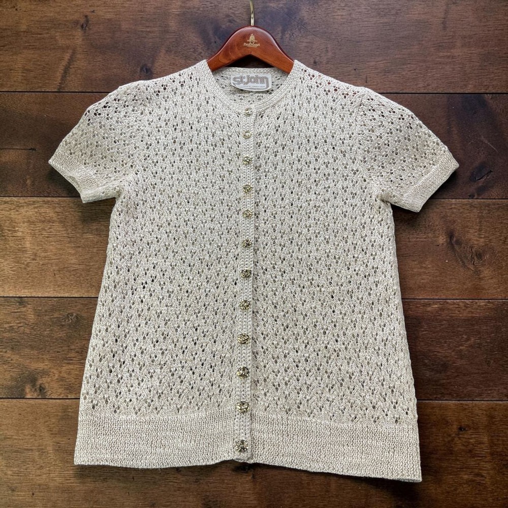 Vintage St John Marie Gray Open Knit Short Sleeve Cardigan Cream Gold Buttons XS